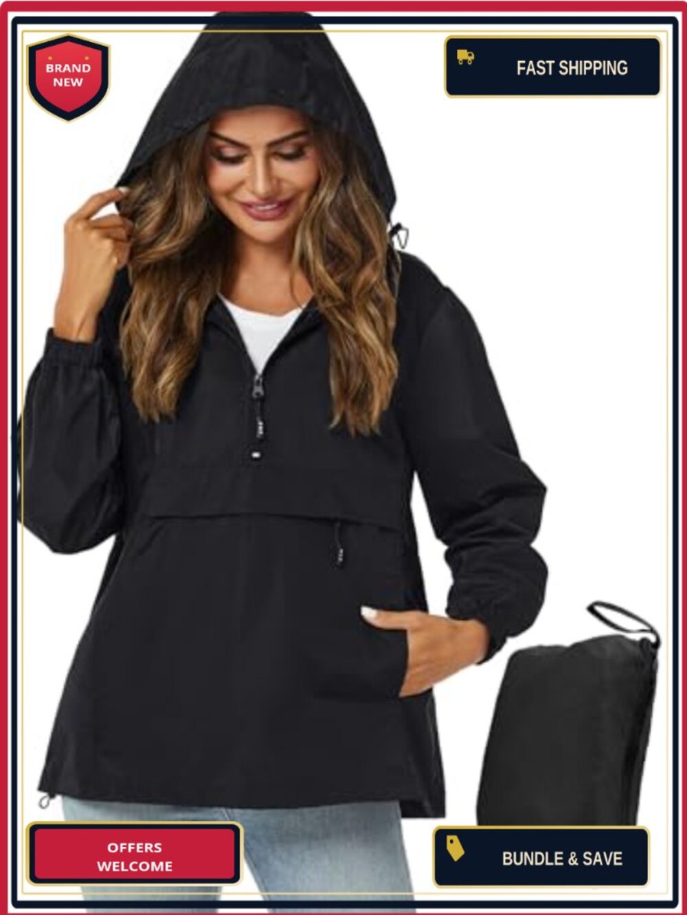 Women's Packable Waterproof Rain Jacket with Hood Lightweight Windbreaker